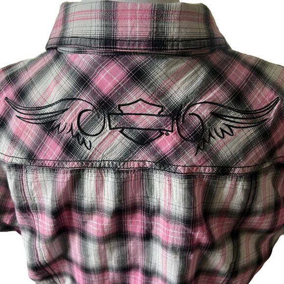 HARLEY DAVIDSON Women's Large Button Down Tab Sleeve Pink Plaid Shirt - Picture 6 of 9